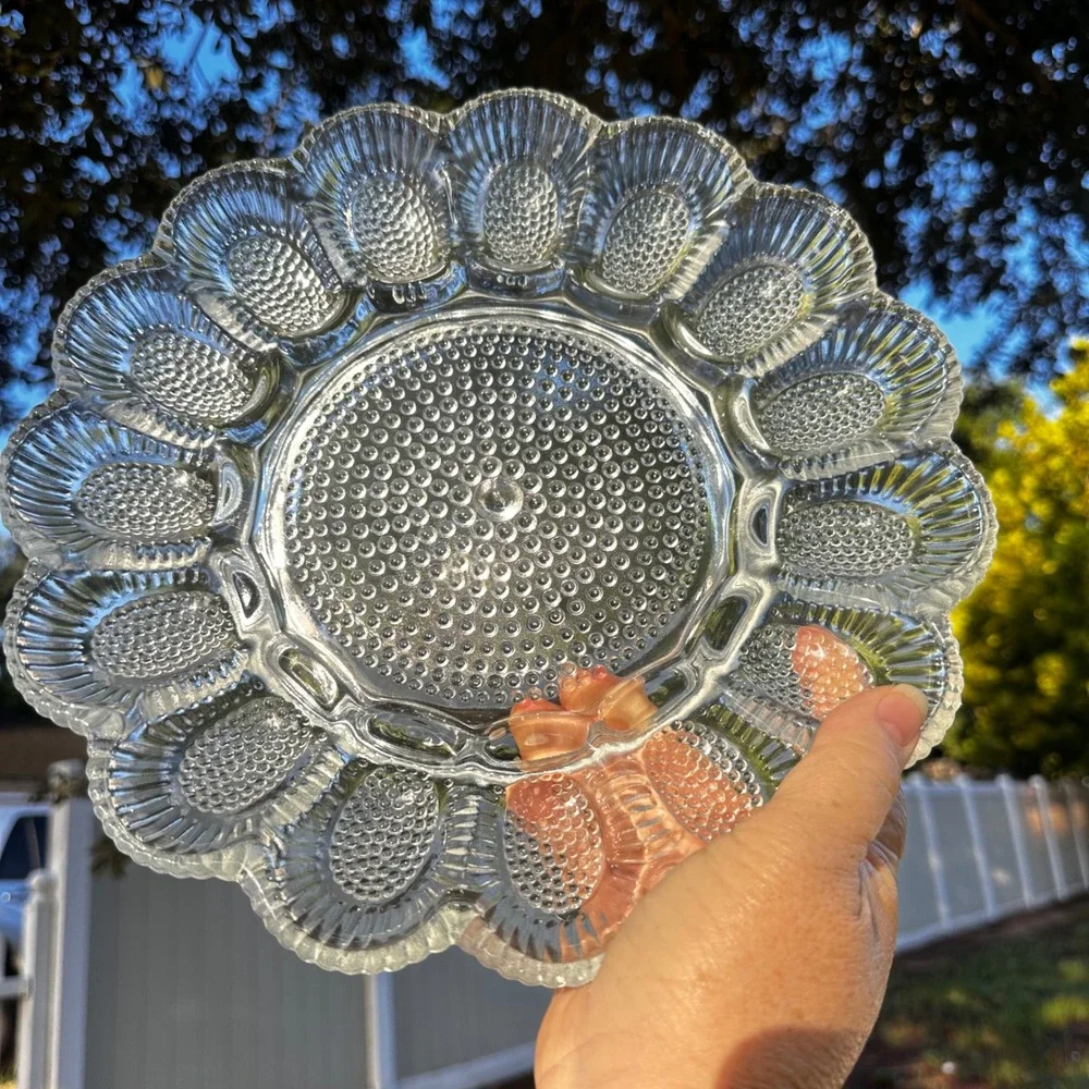 Vintage Clear Hobnail Glass Deviled Egg Platter Scalloped 15 Slot Server 11 Inch
